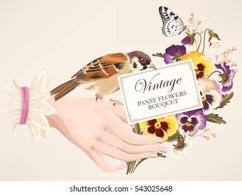 Illustration of hand with pansies