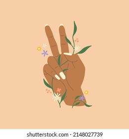 Illustration of a hand with a peace sign with floral elements. Ethnic colored dark skinned hand surrounded by flowers and herbs. Symbol of friendship and peaceful life on a beige background.