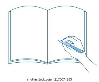 Illustration of hand with pen and notebook Blank line drawing