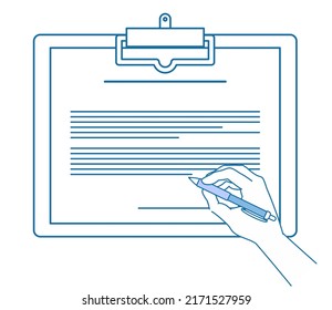 Illustration einer Hand mit einem Penand-Clipboard Linie Zeichnung, Dokument, horizontal.