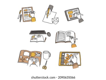Illustration of the hand of a person holding a pen A set of various scenes such as tablets, scrapbooks, memos and letters