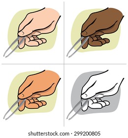 Illustration hand person holding tweezers, ethnicity. Ideal for catalogs, informative and institutional guides