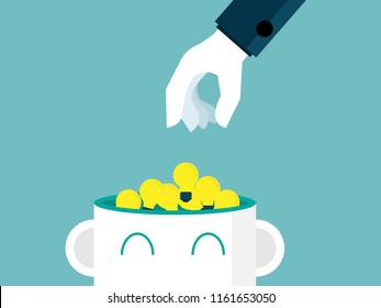 illustration of hand picking bulb idea from head vector flat design