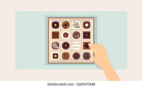 Illustration of a Hand Picking a Chocolate From a Box