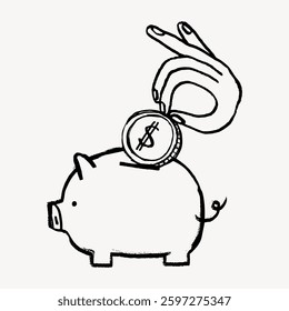 Illustration of a hand placing a coin into a piggy bank. The piggy bank symbolizes saving money. The coin features a dollar sign, emphasizing savings. Doodle illustration vector.