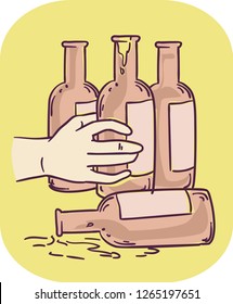 Illustration of a Hand Placing an Empty Bottle of Beer Among Several Empty Bottles. Alcoholism