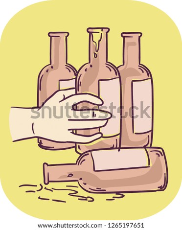 Illustration of a Hand Placing an Empty Bottle of Beer Among Several Empty Bottles. Alcoholism