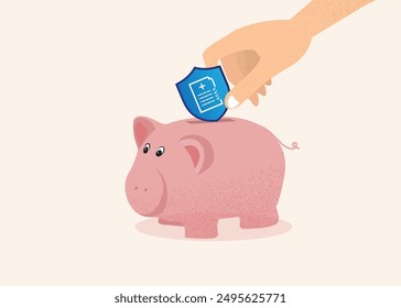 Illustration of a hand placing a health insurance icon into a piggy bank, symbolizing saving and caring for health. Ideal for promoting health savings, insurance, and wellness.