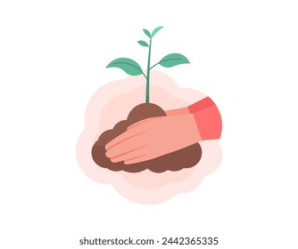 illustration of a hand planting a tree seedling. movement to plant crops and preserve the environment. planting young shoots or plant seeds. symbol or sign. flat style illustration design. graphic 