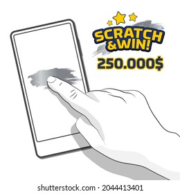 Illustration of hand playing scratch card on the mobile, white. Idea for online gambling promotion. Clean white background. Scratch and win text. Vector and layered