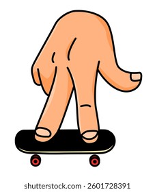 Illustration of a hand playing with a toy skateboard