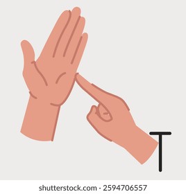 Illustration of a hand pointing at the palm of another hand, symbolizing palmistry or fortune telling. Minimalist style on a light background. Concept of divination. Vector illustration