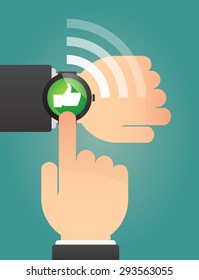 Illustration of a hand pointing a smart watch with a thumb up hand