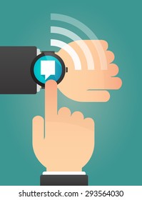Illustration of a hand pointing a smart watch with a tooltip