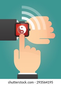 Illustration of a hand pointing a smart watch with a ying yang