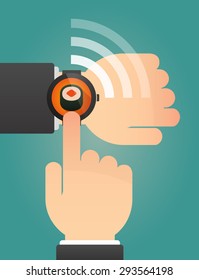 Illustration of a hand pointing a smart watch with a piece of sushi