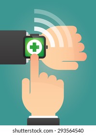 Illustration of a hand pointing a smart watch with a pharmacy sign