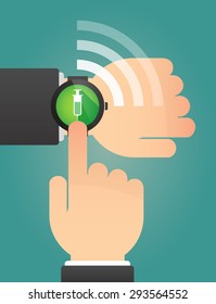 Illustration of a hand pointing a smart watch with a syringe