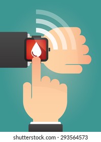 Illustration of a hand pointing a smart watch with a blood drop