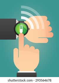 Illustration of a hand pointing a smart watch with a pill