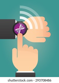 Illustration of a hand pointing a smart watch with a DNA sign