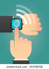 Illustration of a hand pointing a smart watch with a world globe