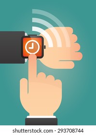 Illustration of a hand pointing a smart watch with a clock