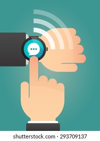 Illustration of a hand pointing a smart watch with a comic balloon