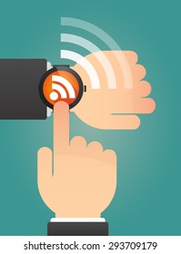 Illustration of a hand pointing a smart watch with an RSS sign