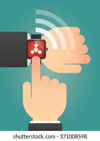 Illustration of a hand pointing a smart watch with a chemical weapon sign