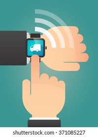 Illustration of a hand pointing a smart watch with a  delivery truck
