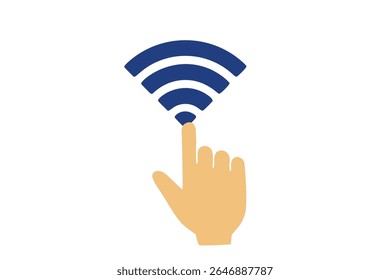 Ilustração de uma mão apontando para um sinal Wi-Fi, simbolizando a Internet sem fio e a tecnologia de conectividade digital, comumente usada em redes e interfaces de comunicação.