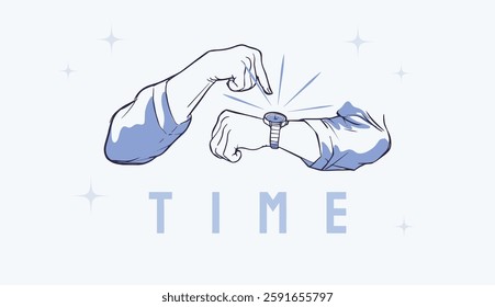 illustration of hand pointing to watch or wristwatch, checking at time, showing clocks, deadline and time management concept illustration. hand gesture and poses.