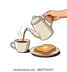 An illustration of a hand pouring hot coffee or tea from a white pot into a cup with steam rising next to a plate of buttered toast