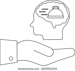 Illustration of a hand presenting a brain containing a food dome, symbolizing the concept of mental nourishment and intellectual sustenance.