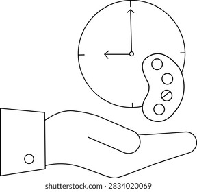 Illustration of a hand presenting a clock and artists palette, representing the concept of managing time effectively for creative endeavors and artistic pursuits.