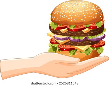 Illustration of a hand presenting a large burger