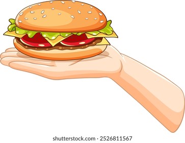 Ilustración de una mano que presenta una hamburguesa sabrosa