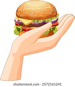 Illustration of a hand presenting a tasty burger