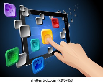 Illustration of hand pressing a flowing web app icon on cloud integrated touch screen tablet computer. Vector eps 10 file layered, grouped and named for easy editing.