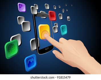 Illustration of hand pressing a web app icon on cloud integrated touch screen mobile phone. Vector eps 10 file layered, grouped and named for easy editing.