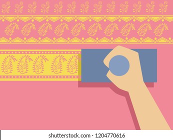 Illustration of a Hand Pressing Wood Block on Fabric. Bagh Printing DIY Craft