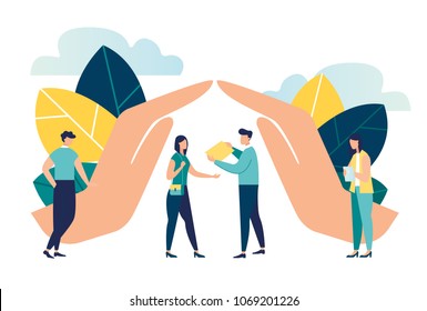  illustration of hand protection house . human life insurance. the metaphor of hand over the people to protect against accidents to life and personal property.accident insurance schedule design vector