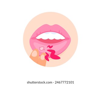 illustration of a hand pulling the lips because of canker sores. mouth ulcers. diseases of the lips or mouth. inner lip hurt. infection and inflammation. health problems. flat illustration design