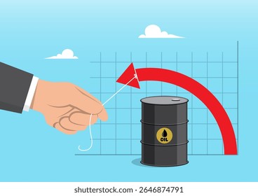 An Illustration of a hand pulling a red downward arrow over an oil barrel in front of a chart background, symbolizing manipulation, control, or decline of oil prices