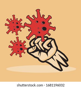 illustration of a hand punching corona virus, against corona