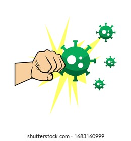 illustration of a hand punching corona virus, against corona, The hand punch a virus, novel coronavirus (2019-nCoV), covid-19, vector cartoon character illustration.