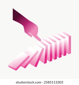 Illustration of a hand pushing pink dominoes, causing a domino effect. The hand, in a gradient style, initiates the domino chain reaction. Vector isolated on white.