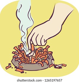 Illustration of a Hand Putting Out a Cigarette on an Ash Tray Full of Cigarette Butts