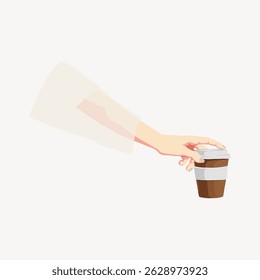 Illustration of a hand reaching for a coffee cup. Minimalist design with a focus on the coffee cup. Simple and clean art style featuring a hand and coffee. Aesthetic vector illustration.